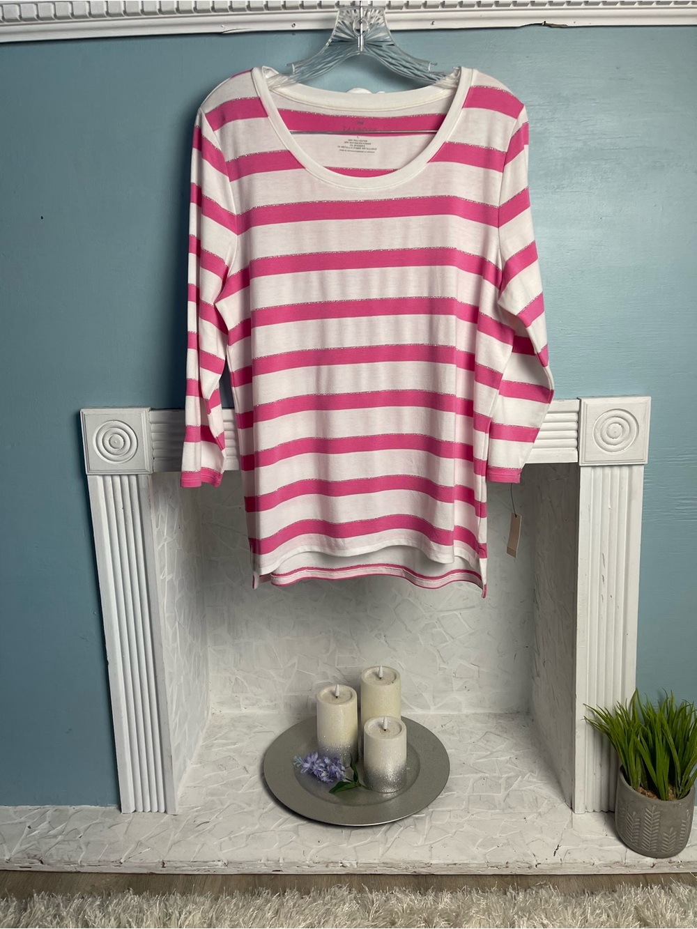 Talbots Nautical Pink and White Striped Scoop-Neck Long Sleeve T- Shirt Top NWT